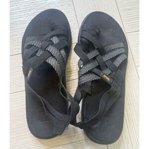 TEVA Voya Strappy Sandals Black Crisscrossed Shoes Elastic Comfort Recycled Sz 7